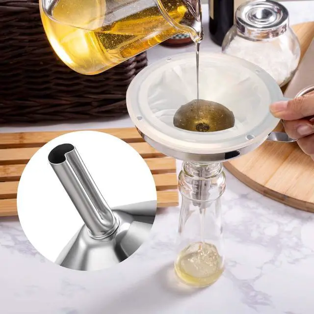 Alt view image 6 of 7 - Premium Stainless Steel Funnel, 5 Inch Food Grade Kitchen Funnels with 200 Mesh Food Filter Strainer for Filling Bottles, Oils, Juice, Wine, Coffee, Milk