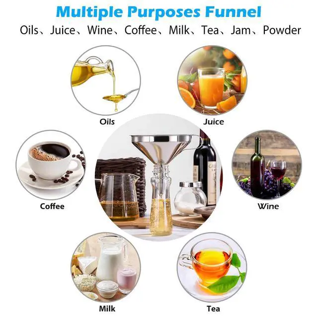 Alt view image 5 of 7 - Premium Stainless Steel Funnel, 5 Inch Food Grade Kitchen Funnels with 200 Mesh Food Filter Strainer for Filling Bottles, Oils, Juice, Wine, Coffee, Milk