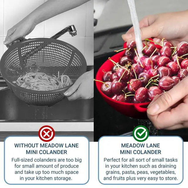 Alt view image 6 of 7 - 6-inch Small Colander, BPA-Free, Dishwasher Safe, Double Handles, Compact Food Strainer for Berries, Veggies and Pasta, 3-Cup Capacity, Cardinal Red