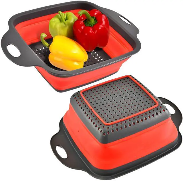 Main image of Square Collapsible Colander with Handles Red Square Silicone Kitchen Strainers with Plastic Handles Foldable Kitchen Strainer Perfect for Draining Pasta Vegetable and Fruit Red