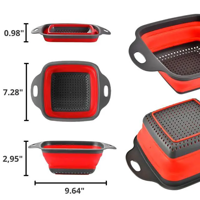 Alt view image 2 of 7 - Square Collapsible Colander with Handles Red Square Silicone Kitchen Strainers with Plastic Handles Foldable Kitchen Strainer Perfect for Draining Pasta Vegetable and Fruit Red