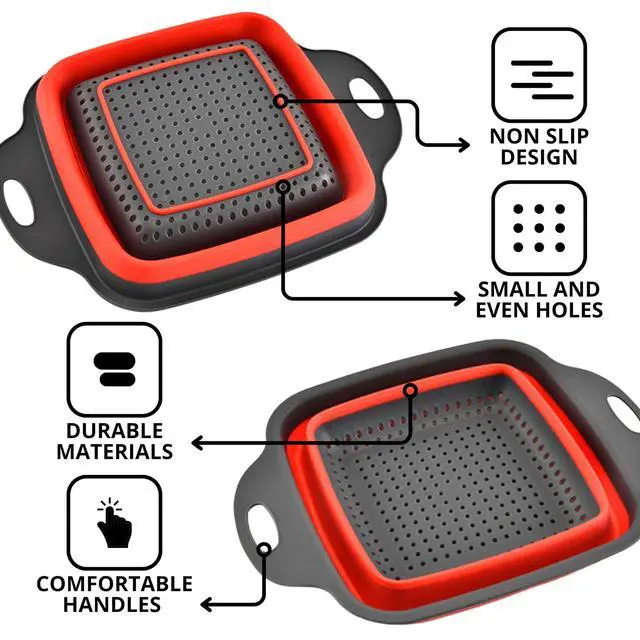 Alt view image 3 of 7 - Square Collapsible Colander with Handles Red Square Silicone Kitchen Strainers with Plastic Handles Foldable Kitchen Strainer Perfect for Draining Pasta Vegetable and Fruit Red