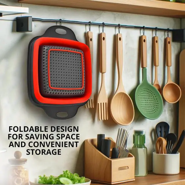 Alt view image 4 of 7 - Square Collapsible Colander with Handles Red Square Silicone Kitchen Strainers with Plastic Handles Foldable Kitchen Strainer Perfect for Draining Pasta Vegetable and Fruit Red