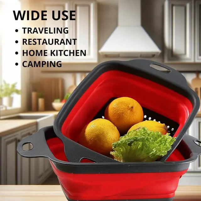 Alt view image 5 of 7 - Square Collapsible Colander with Handles Red Square Silicone Kitchen Strainers with Plastic Handles Foldable Kitchen Strainer Perfect for Draining Pasta Vegetable and Fruit Red