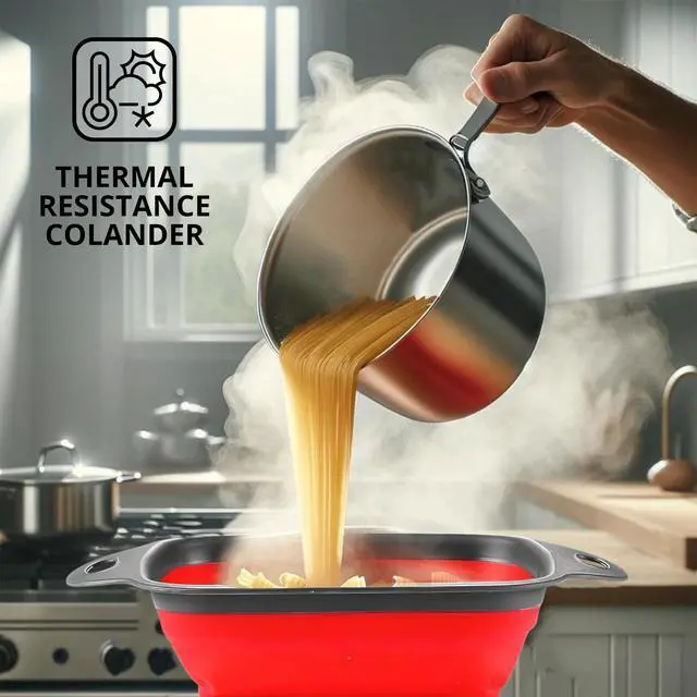 Alt view image 6 of 7 - Square Collapsible Colander with Handles Red Square Silicone Kitchen Strainers with Plastic Handles Foldable Kitchen Strainer Perfect for Draining Pasta Vegetable and Fruit Red