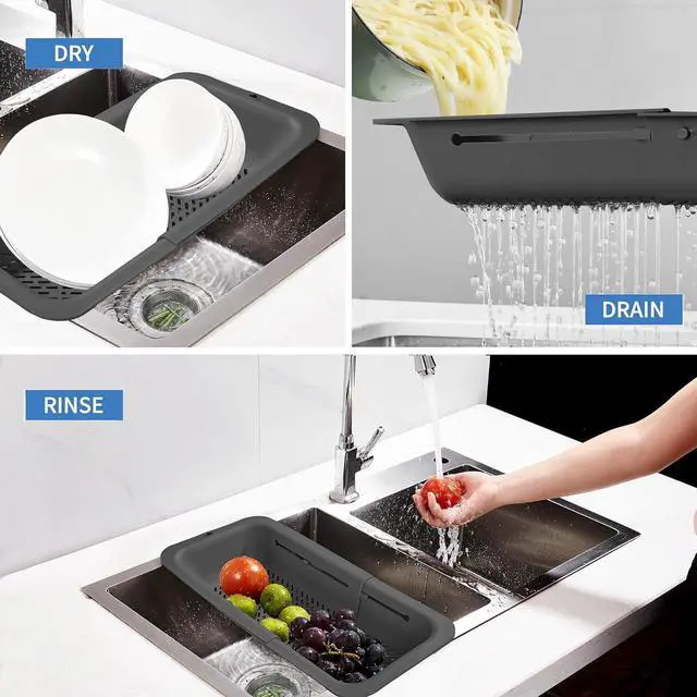 Alt view image 3 of 7 - Collapsible Colander for Kitchen, Over the Sink Strainer Basket for Kitchen, Fruit Pasta Food Strainer Expandable Plastic Colander BPA Free (Black)