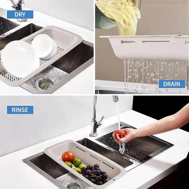 Alt view image 3 of 7 - Collapsible Colander for Kitchen, Over the Sink Strainer Basket for Kitchen, Fruit Pasta Food Strainer Expandable Plastic Colander BPA Free (Straw)