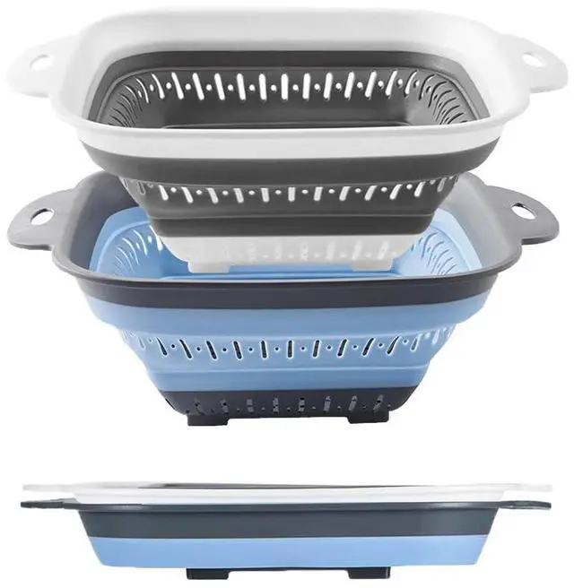 Main image of Collapsible Colander Set, Square Round Triangles Silicone Kitchen Strainer Perfect for Draining Pasta Vegetable fruit 2 PCS (10.8"L x 8.6"W x 2"H, Blue & Gray)