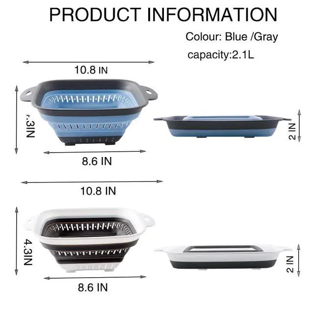 Alt view image 2 of 7 - Collapsible Colander Set, Square Round Triangles Silicone Kitchen Strainer Perfect for Draining Pasta Vegetable fruit 2 PCS (10.8"L x 8.6"W x 2"H, Blue & Gray)