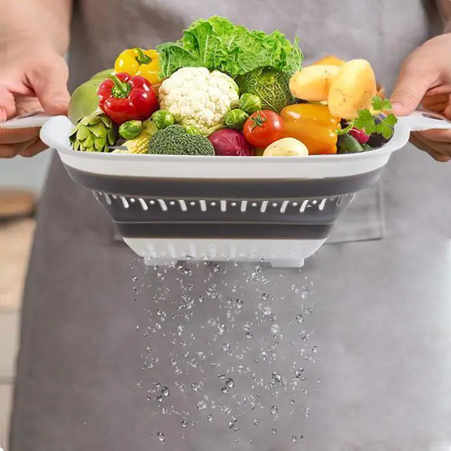 Alt view image 4 of 7 - Collapsible Colander Set, Square Round Triangles Silicone Kitchen Strainer Perfect for Draining Pasta Vegetable fruit 2 PCS (10.8"L x 8.6"W x 2"H, Blue & Gray)