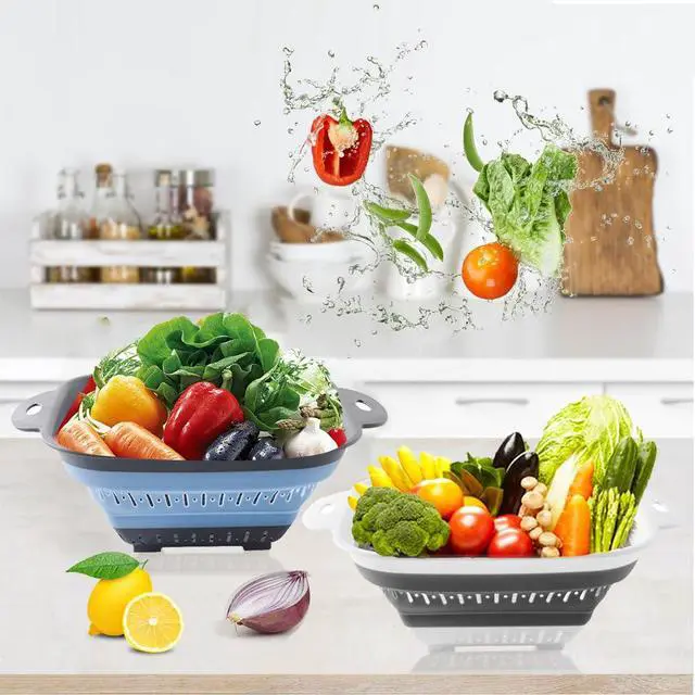 Alt view image 6 of 7 - Collapsible Colander Set, Square Round Triangles Silicone Kitchen Strainer Perfect for Draining Pasta Vegetable fruit 2 PCS (10.8"L x 8.6"W x 2"H, Blue & Gray)