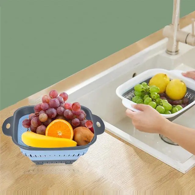 Alt view image 7 of 7 - Collapsible Colander Set, Square Round Triangles Silicone Kitchen Strainer Perfect for Draining Pasta Vegetable fruit 2 PCS (10.8"L x 8.6"W x 2"H, Blue & Gray)