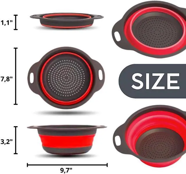 Alt view image 2 of 7 - Red Round Silicone Collapsible Colander Silicone Round Kitchen Strainers with Plastic Handles Foldable Kitchen Strainer Small Perfect for Draining Pasta Vegetable and Fruit