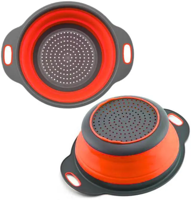 Main image of Red Round Silicone Collapsible Colander Silicone Round Kitchen Strainers with Plastic Handles Foldable Kitchen Strainer Small Perfect for Draining Pasta Vegetable and Fruit
