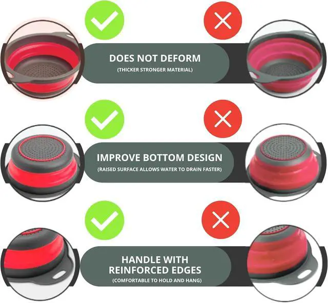 Alt view image 3 of 7 - Red Round Silicone Collapsible Colander Silicone Round Kitchen Strainers with Plastic Handles Foldable Kitchen Strainer Small Perfect for Draining Pasta Vegetable and Fruit