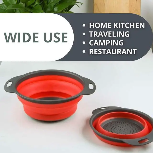 Alt view image 4 of 7 - Red Round Silicone Collapsible Colander Silicone Round Kitchen Strainers with Plastic Handles Foldable Kitchen Strainer Small Perfect for Draining Pasta Vegetable and Fruit