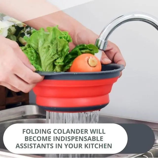 Alt view image 6 of 7 - Red Round Silicone Collapsible Colander Silicone Round Kitchen Strainers with Plastic Handles Foldable Kitchen Strainer Small Perfect for Draining Pasta Vegetable and Fruit