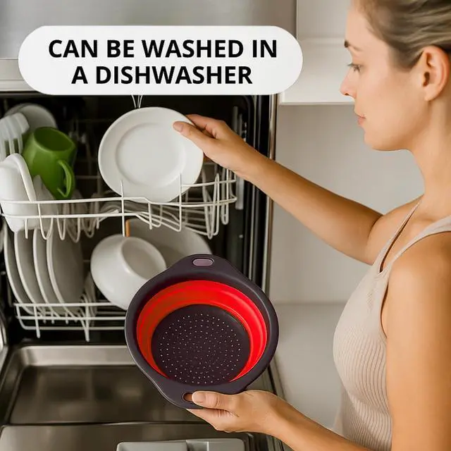 Alt view image 5 of 7 - Red Round Silicone Collapsible Colander Silicone Round Kitchen Strainers with Plastic Handles Foldable Kitchen Strainer Small Perfect for Draining Pasta Vegetable and Fruit