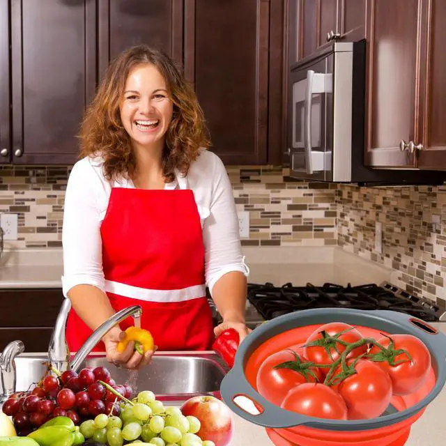 Alt view image 7 of 7 - Red Round Silicone Collapsible Colander Silicone Round Kitchen Strainers with Plastic Handles Foldable Kitchen Strainer Small Perfect for Draining Pasta Vegetable and Fruit