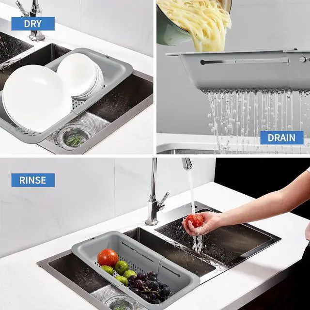 Alt view image 3 of 7 - Collapsible Colander for Kitchen, Over the Sink Strainer Basket for Kitchen, Fruit Pasta Food Strainer Expandable Plastic Colander BPA Free (Gray)