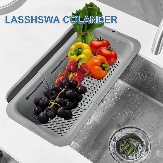 Alt view image 2 of 7 - Collapsible Colander for Kitchen, Over the Sink Strainer Basket for Kitchen, Fruit Pasta Food Strainer Expandable Plastic Colander BPA Free (Gray)