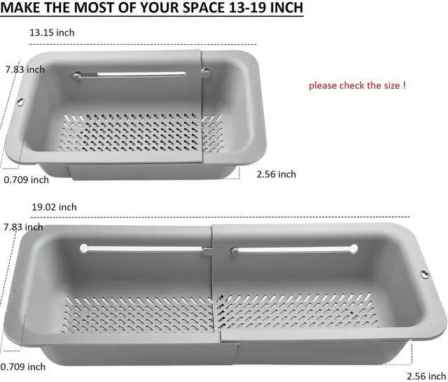 Alt view image 5 of 7 - Collapsible Colander for Kitchen, Over the Sink Strainer Basket for Kitchen, Fruit Pasta Food Strainer Expandable Plastic Colander BPA Free (Gray)