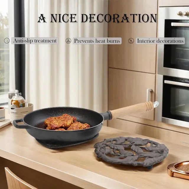 Alt view image 2 of 7 - Cast Iron Trivet, 7.28 inch Metal Trivet for Hot Dishes, Heat-Resistant Decorative Trivets to Protect Dining Countertop or Kitchen Decoration with 2 Silicone Mini Pinch Mitts