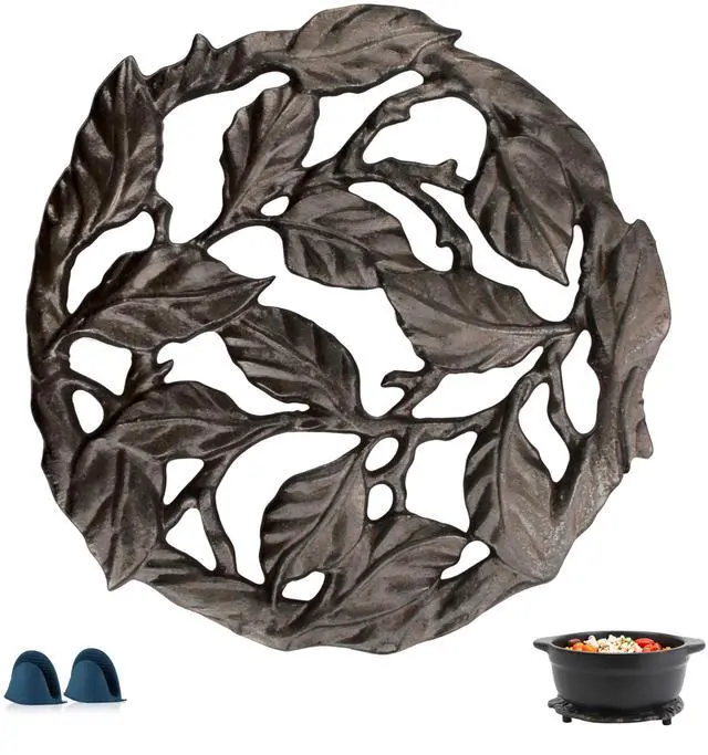 Main image of Cast Iron Trivet, 7.28 inch Metal Trivet for Hot Dishes, Heat-Resistant Decorative Trivets to Protect Dining Countertop or Kitchen Decoration with 2 Silicone Mini Pinch Mitts