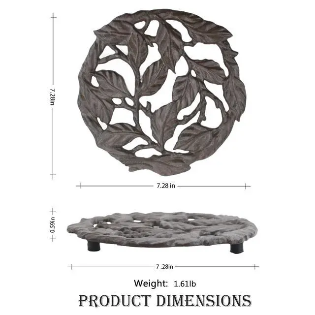 Alt view image 3 of 7 - Cast Iron Trivet, 7.28 inch Metal Trivet for Hot Dishes, Heat-Resistant Decorative Trivets to Protect Dining Countertop or Kitchen Decoration with 2 Silicone Mini Pinch Mitts