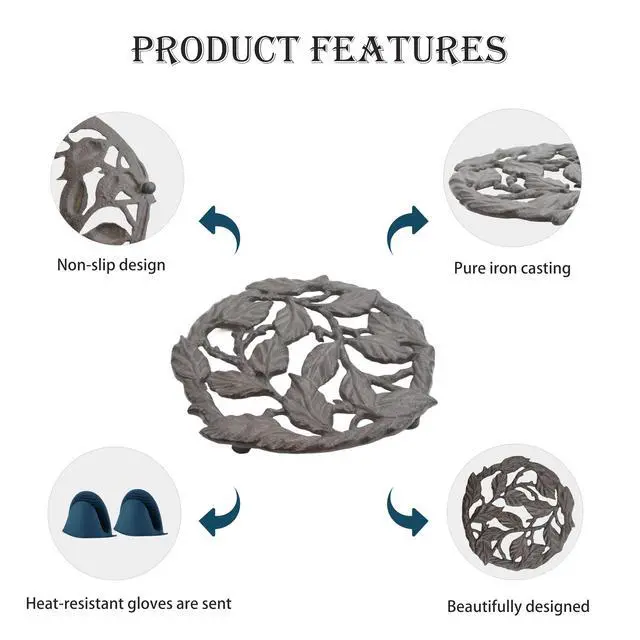 Alt view image 4 of 7 - Cast Iron Trivet, 7.28 inch Metal Trivet for Hot Dishes, Heat-Resistant Decorative Trivets to Protect Dining Countertop or Kitchen Decoration with 2 Silicone Mini Pinch Mitts