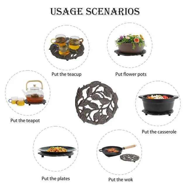 Alt view image 7 of 7 - Cast Iron Trivet, 7.28 inch Metal Trivet for Hot Dishes, Heat-Resistant Decorative Trivets to Protect Dining Countertop or Kitchen Decoration with 2 Silicone Mini Pinch Mitts
