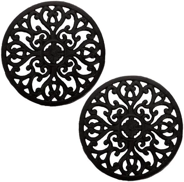 Main image of 2 Pack Cast Iron Trivet, 6.8" Cast Iron Round Trivet with Vintage Pattern and Rubber Pegs/Feet for Serving Hot Dish, Pot, Pans and Teapot on Kitchen Countertop or Dinning