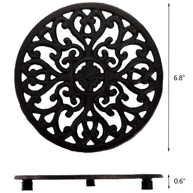 Alt view image 2 of 5 - 2 Pack Cast Iron Trivet, 6.8" Cast Iron Round Trivet with Vintage Pattern and Rubber Pegs/Feet for Serving Hot Dish, Pot, Pans and Teapot on Kitchen Countertop or Dinning