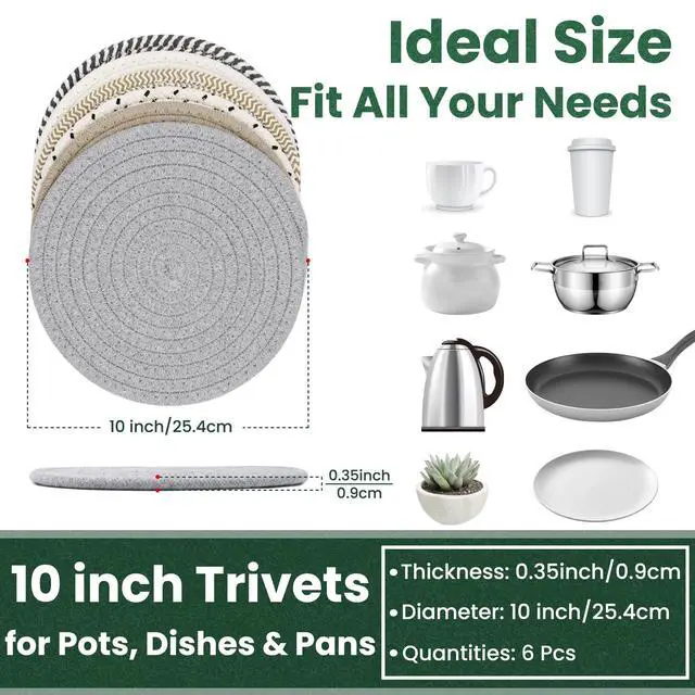 Alt view image 2 of 7 - 10 Inch Trivets for Hot Dishes, Hot Pots and Pans, Extra Large Thick Heat Resistant Large Coaster for Kitchen, Hot Pads, Kitchen Essentials, Pot Holders for Table & Countertop, 6 Pcs