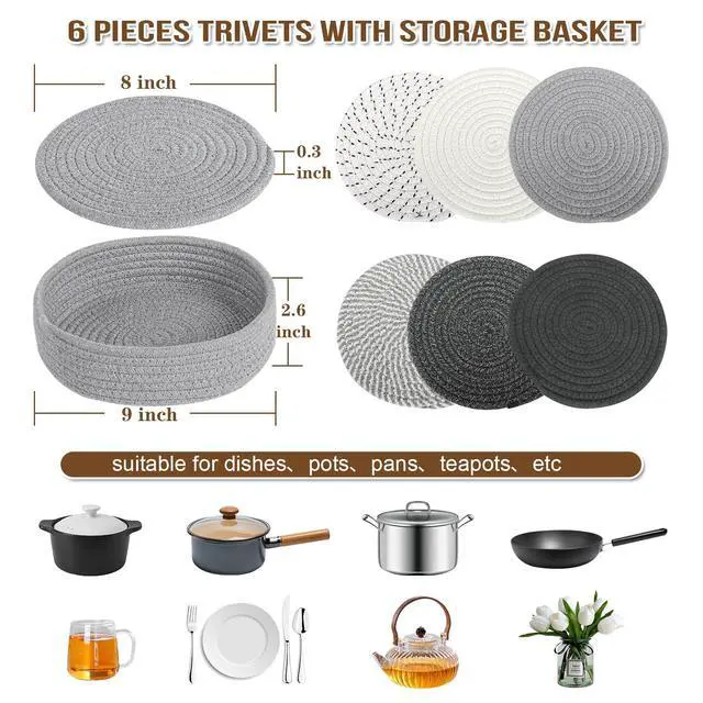 Alt view image 2 of 7 - 8 Inch Trivets for Hot Dishes, 6 Pcs Cotton Hot Pads with Basket