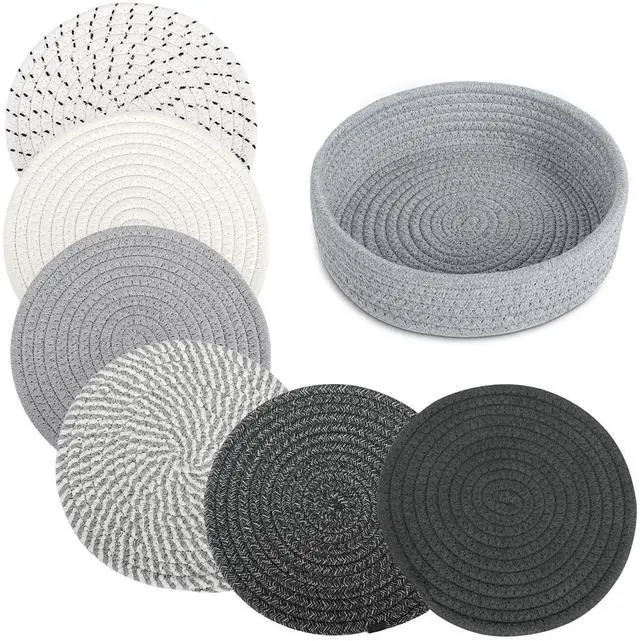 Main image of 8 Inch Trivets for Hot Dishes, 6 Pcs Cotton Hot Pads with Basket