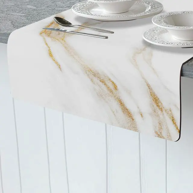 Alt view image 2 of 7 - Thermo Heat Resistant Table Runner and Trivet for Hot Dishes - Waterproof Hot Plates to Protect Table and Countertop - Kitchen & Dining 350F Heat Protector 40" - White Golden Marble