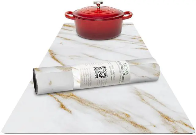Main image of Thermo Heat Resistant Table Runner and Trivet for Hot Dishes - Waterproof Hot Plates to Protect Table and Countertop - Kitchen & Dining 350F Heat Protector 40" - White Golden Marble