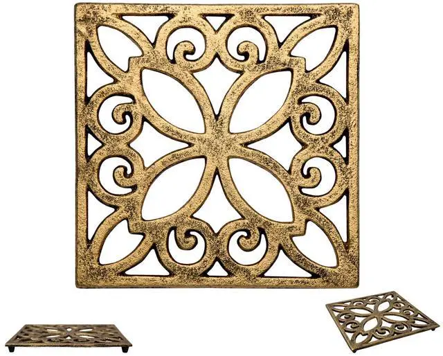 Main image of Gold with Black Cast Iron Trivet Square 6.5"×6.5" Rubber Feet