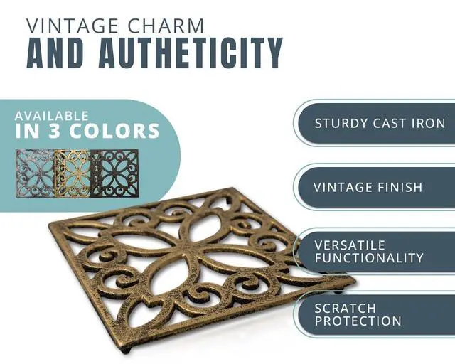 Alt view image 2 of 7 - Gold with Black Cast Iron Trivet Square 6.5"×6.5" Rubber Feet