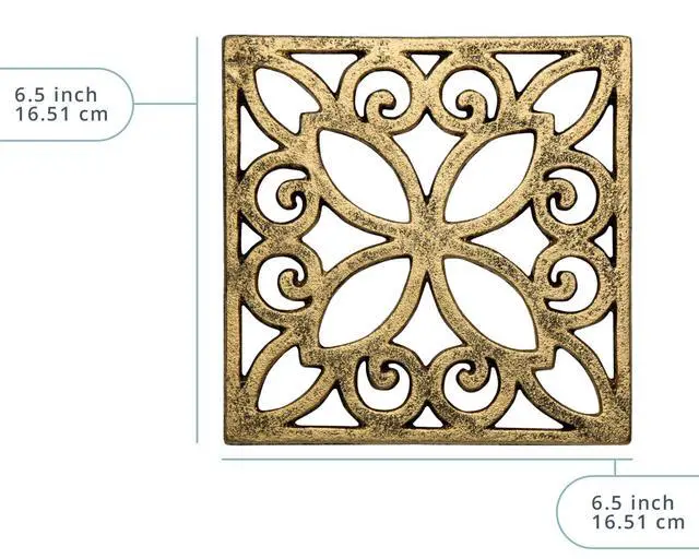 Alt view image 3 of 7 - Gold with Black Cast Iron Trivet Square 6.5"×6.5" Rubber Feet