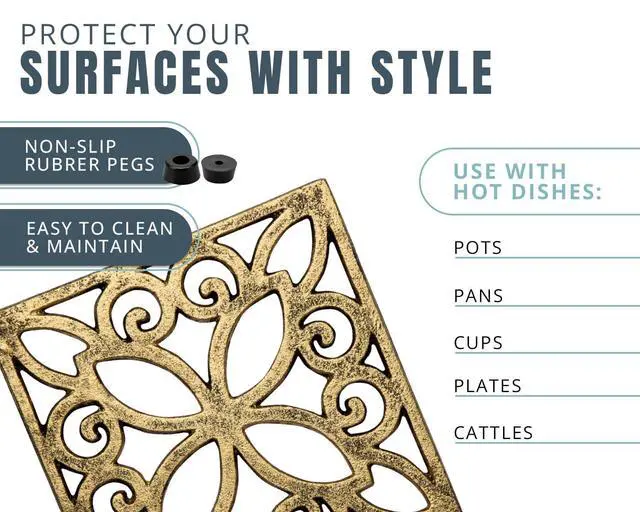 Alt view image 6 of 7 - Gold with Black Cast Iron Trivet Square 6.5"×6.5" Rubber Feet