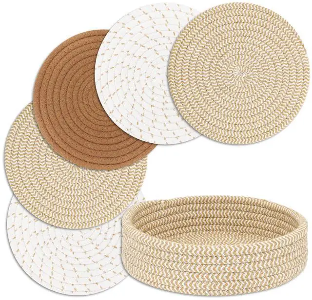 Main image of Trivets for Hot Dishes, Pots and Pans, Hot Pads with Storage Basket, Pot Holders for Kitchen, Heat Resistant Mat Protect Counter Home Essentials, Farmhouse Decor (Mix Brown 5 PCS)