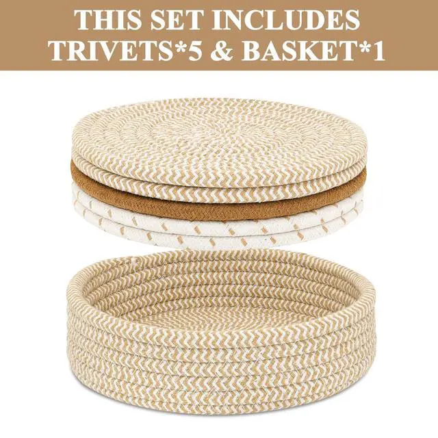 Alt view image 2 of 6 - Trivets for Hot Dishes, Pots and Pans, Hot Pads with Storage Basket, Pot Holders for Kitchen, Heat Resistant Mat Protect Counter Home Essentials, Farmhouse Decor (Mix Brown 5 PCS)