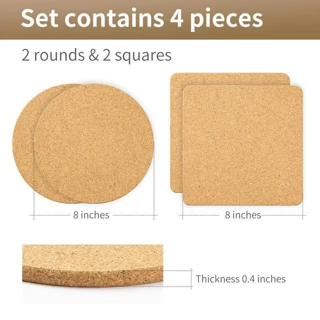 Alt view image 2 of 6 - Cork Trivets for Hot Dishes, Pots and Pans, Pot Holders for Kitchen, 8 Inches 4 Pack Hot Pads, Thick Heat Resistant Mats Protect Countertop, Coaster Trivet Home Essentials, Rustic Farmhouse Decor