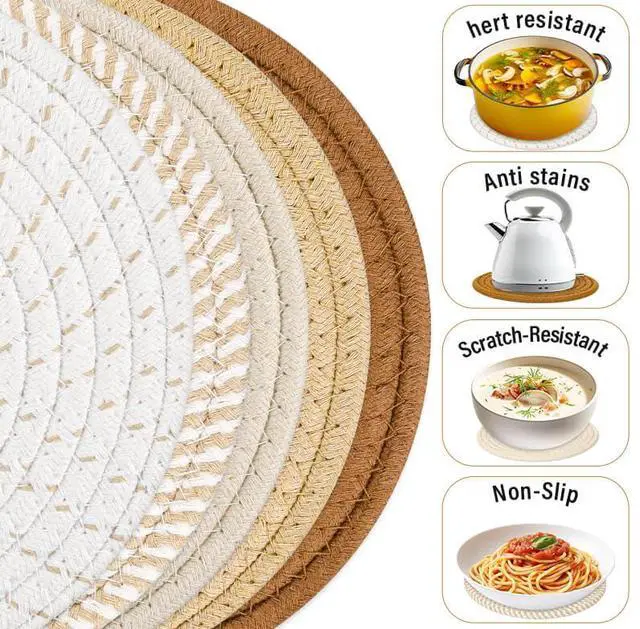 Alt view image 4 of 7 - Trivet Mats Set for Hot Dishes, 5 Heat Resistant Pot Holders for Kitchen, Home Essentials, Anti Stain Hot Pads for Hot pots and Pans, Fall Decorations for Home, 7 Inches(Brown)