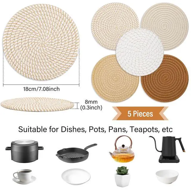 Alt view image 2 of 7 - Trivet Mats Set for Hot Dishes, 5 Heat Resistant Pot Holders for Kitchen, Home Essentials, Anti Stain Hot Pads for Hot pots and Pans, Fall Decorations for Home, 7 Inches(Brown)