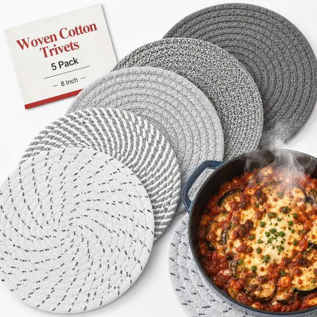 Main image of 8 Inch Woven Trivets for Hot Dishes, 5 Pack Large Heat Resistant Cotton Hot Pads for Pots, Pans, Coffee Pot, Teapot, Plates & Planters, Farmhouse Boho Kitchen Decor for Table and Countertop