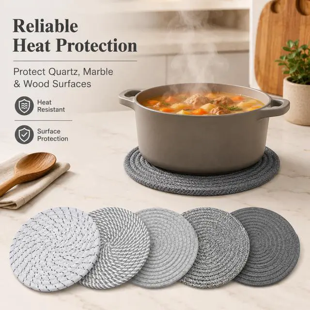 Alt view image 2 of 7 - 8 Inch Woven Trivets for Hot Dishes, 5 Pack Large Heat Resistant Cotton Hot Pads for Pots, Pans, Coffee Pot, Teapot, Plates & Planters, Farmhouse Boho Kitchen Decor for Table and Countertop