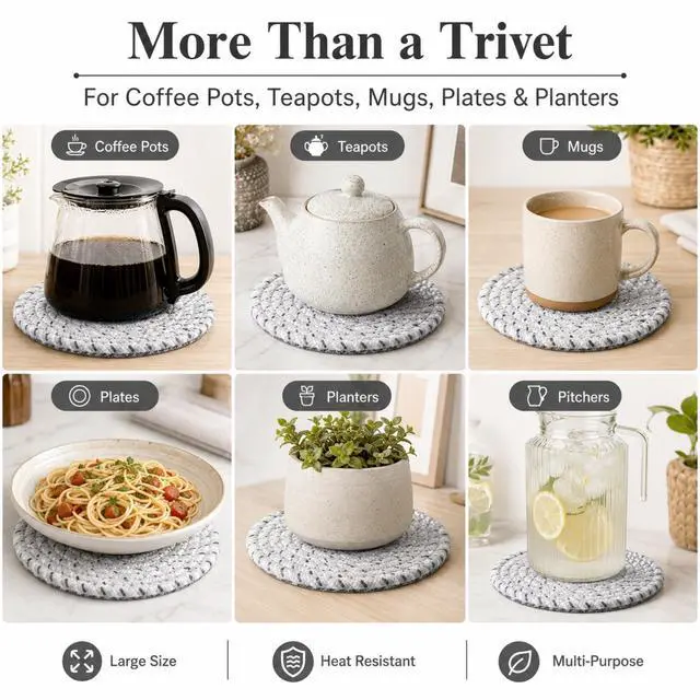Alt view image 4 of 7 - 8 Inch Woven Trivets for Hot Dishes, 5 Pack Large Heat Resistant Cotton Hot Pads for Pots, Pans, Coffee Pot, Teapot, Plates & Planters, Farmhouse Boho Kitchen Decor for Table and Countertop
